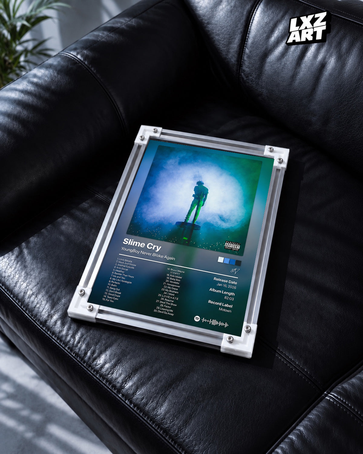 YoungBoy Never Broke Again Slime Cry Tracklist Poster — black leather sofa; frame for display only