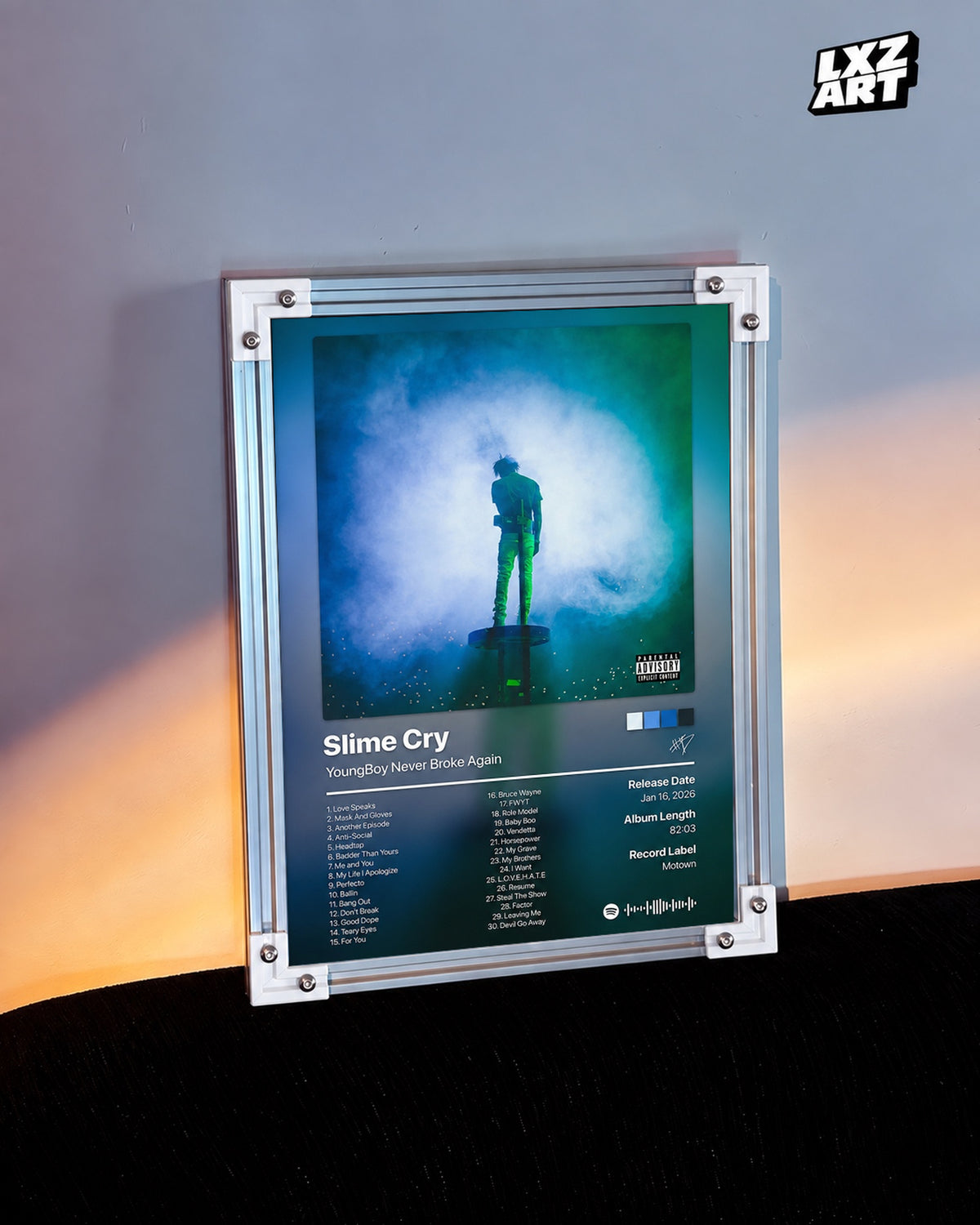YoungBoy Never Broke Again Slime Cry Tracklist Poster — warm light wall; frame for display only