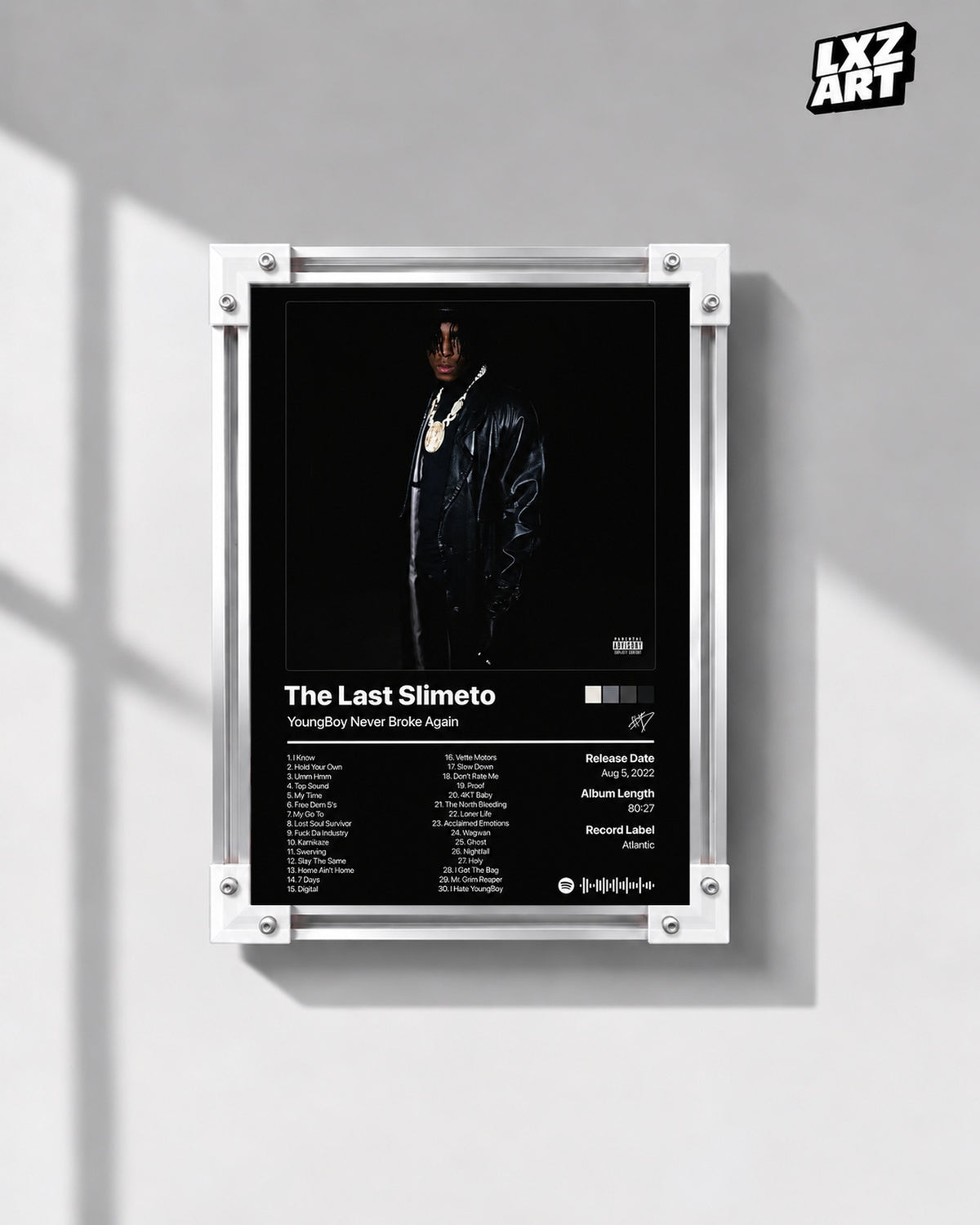 YoungBoy Never Broke Again Slime Cry Tracklist Poster — gray wall front view; frame for display only