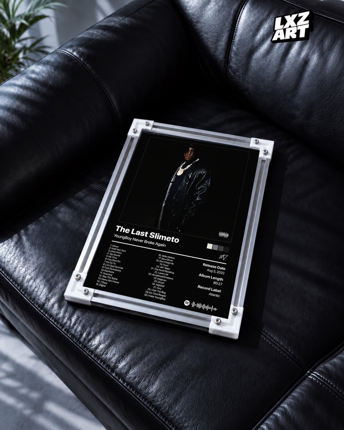 YoungBoy Never Broke Again Slime Cry Tracklist Poster — black leather sofa; frame for display only