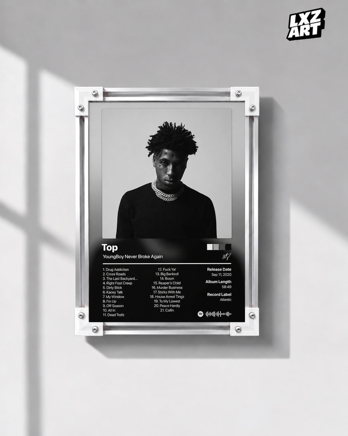 YoungBoy Never Broke Again Top Tracklist Poster — gray wall front view; frame for display only