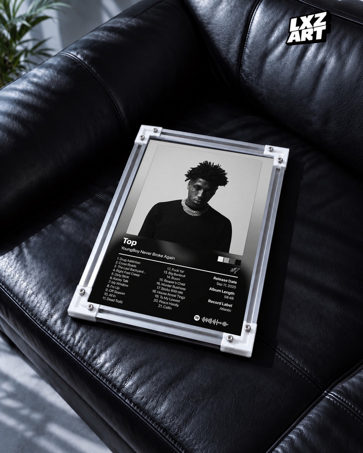 YoungBoy Never Broke Again Top Tracklist Poster — black leather sofa; frame for display only