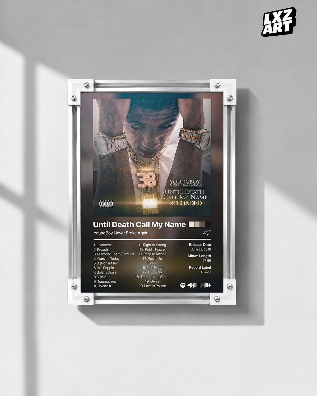 YoungBoy Never Broke Again Until Death Call My Name Tracklist Poster — gray wall front view; frame for display only