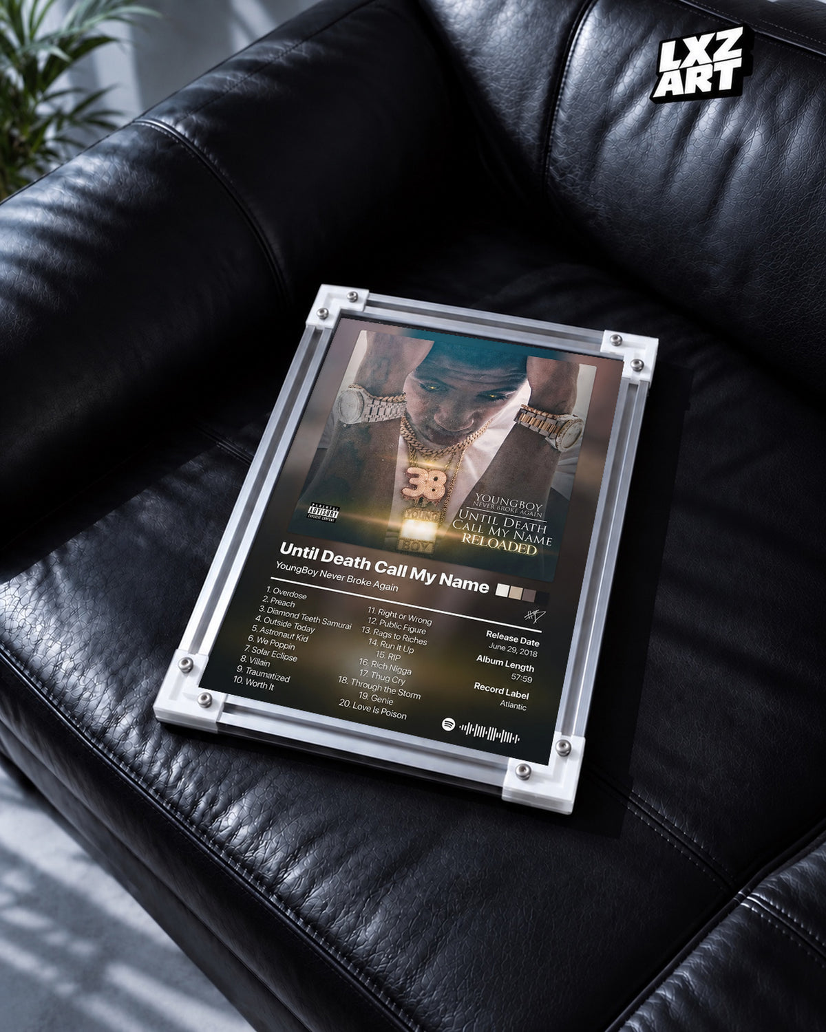 YoungBoy Never Broke Again Until Death Call My Name Tracklist Poster — black leather sofa; frame for display only