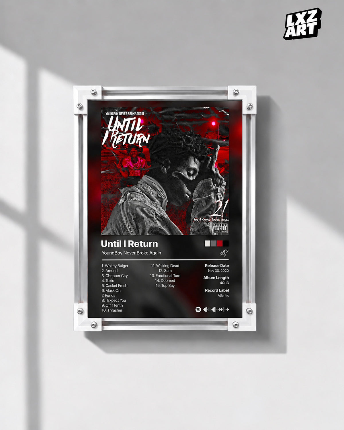 YoungBoy Never Broke Again Until I Return Tracklist Poster — gray wall front view; frame for display only