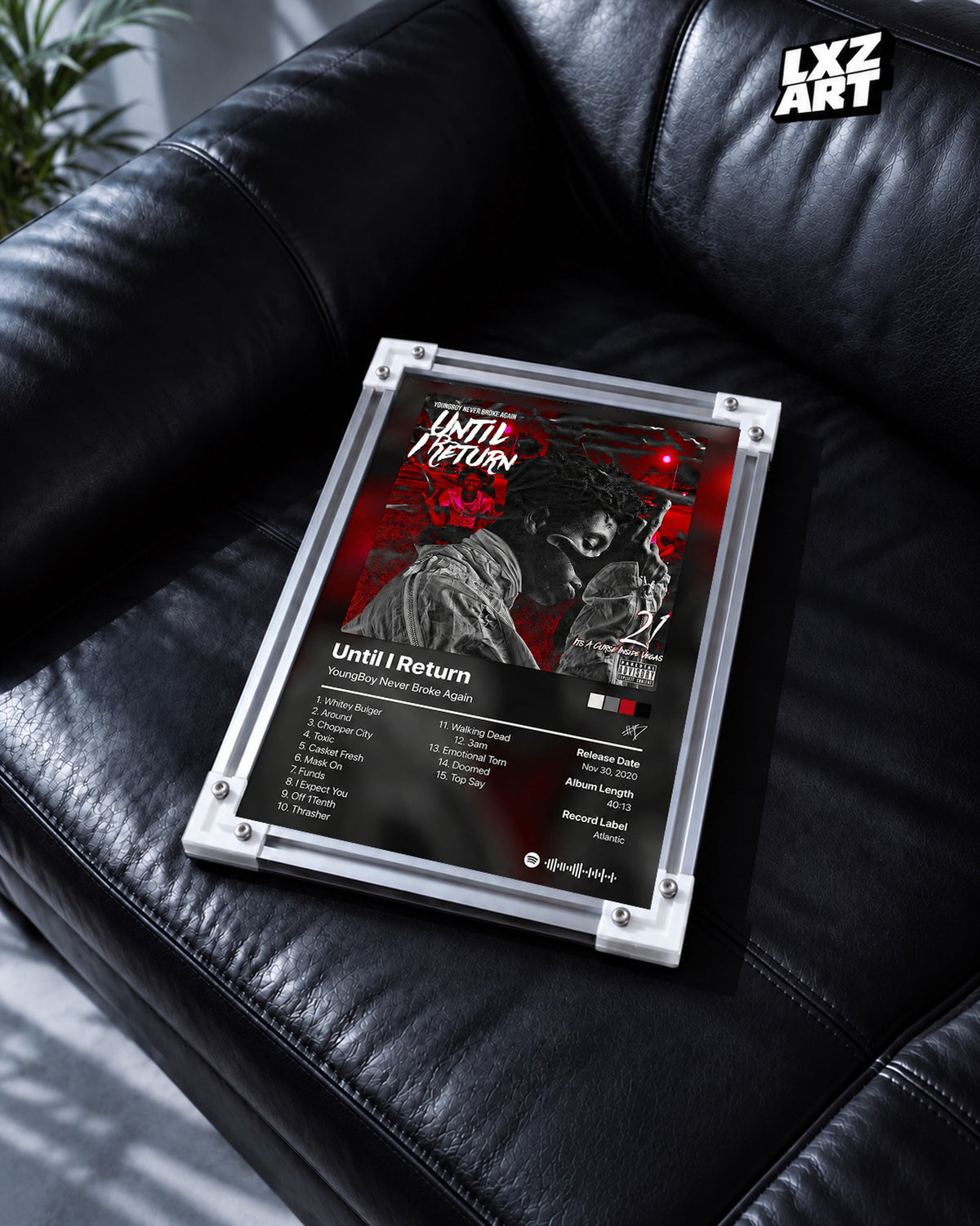 YoungBoy Never Broke Again Until I Return Tracklist Poster — black leather sofa; frame for display only