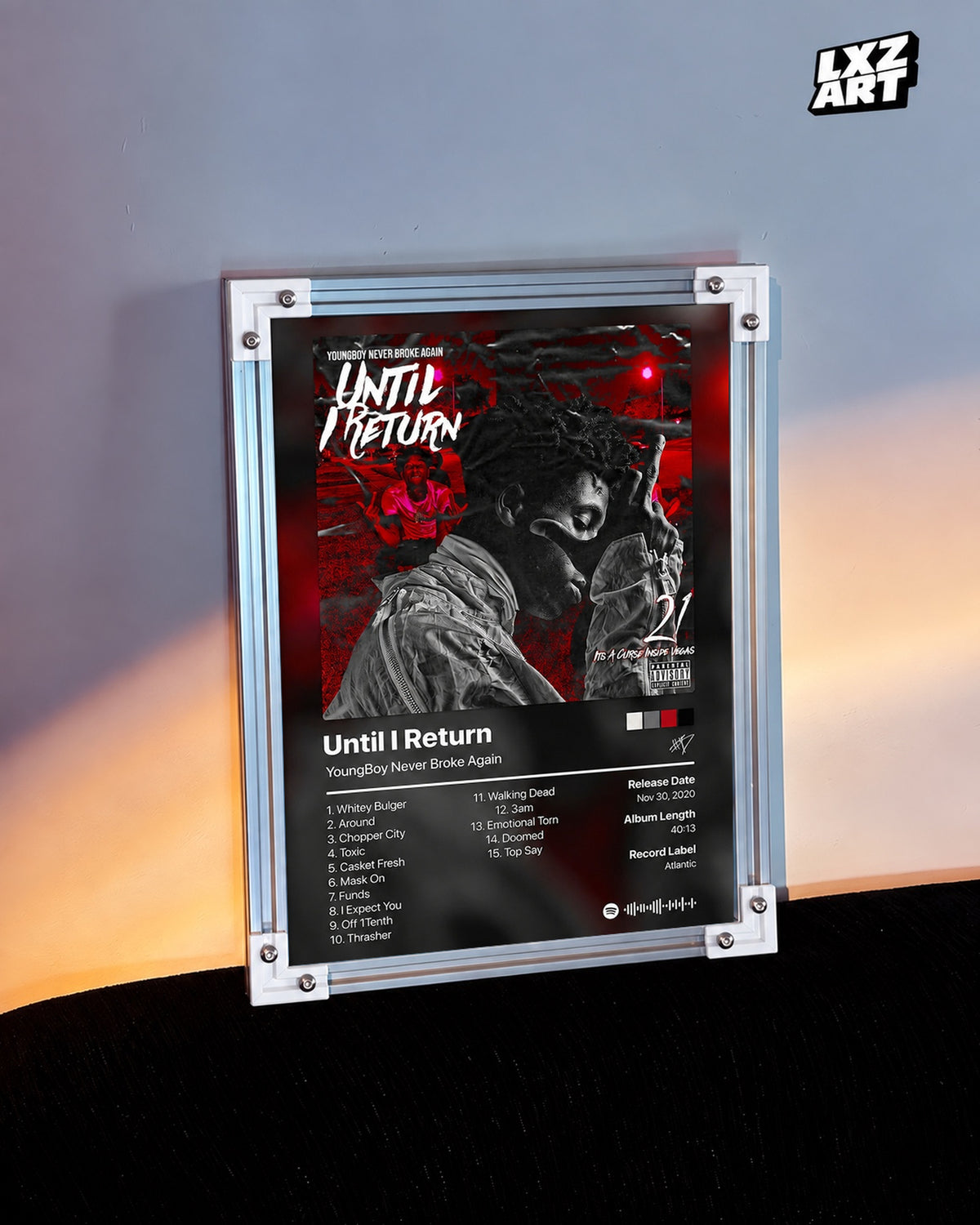 YoungBoy Never Broke Again Until I Return Tracklist Poster — warm light wall; frame for display only