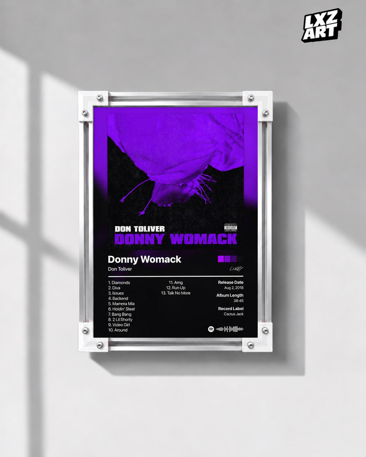 Don Toliver Donny Womack Tracklist Poster — gray wall front view; frame for display only