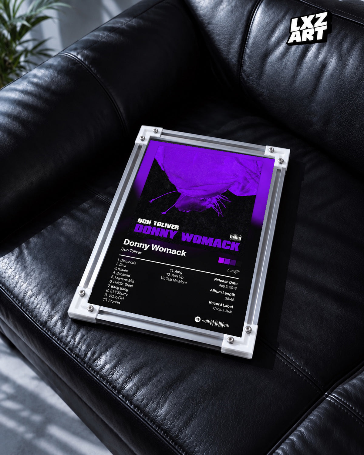 Don Toliver Donny Womack Tracklist Poster — black leather sofa; frame for display only