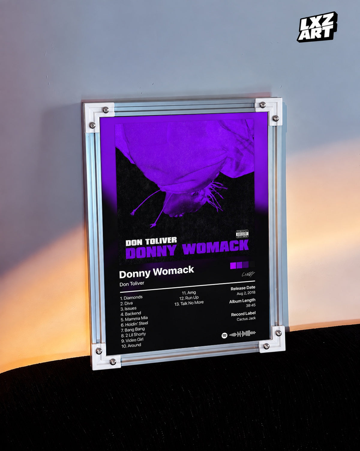 Don Toliver Donny Womack Tracklist Poster — warm light wall; frame for display only