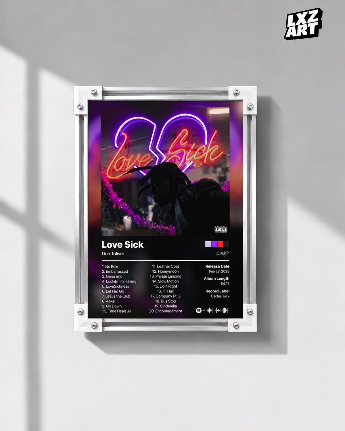 Don Toliver Love Sick Tracklist Poster — gray wall front view; frame for display only