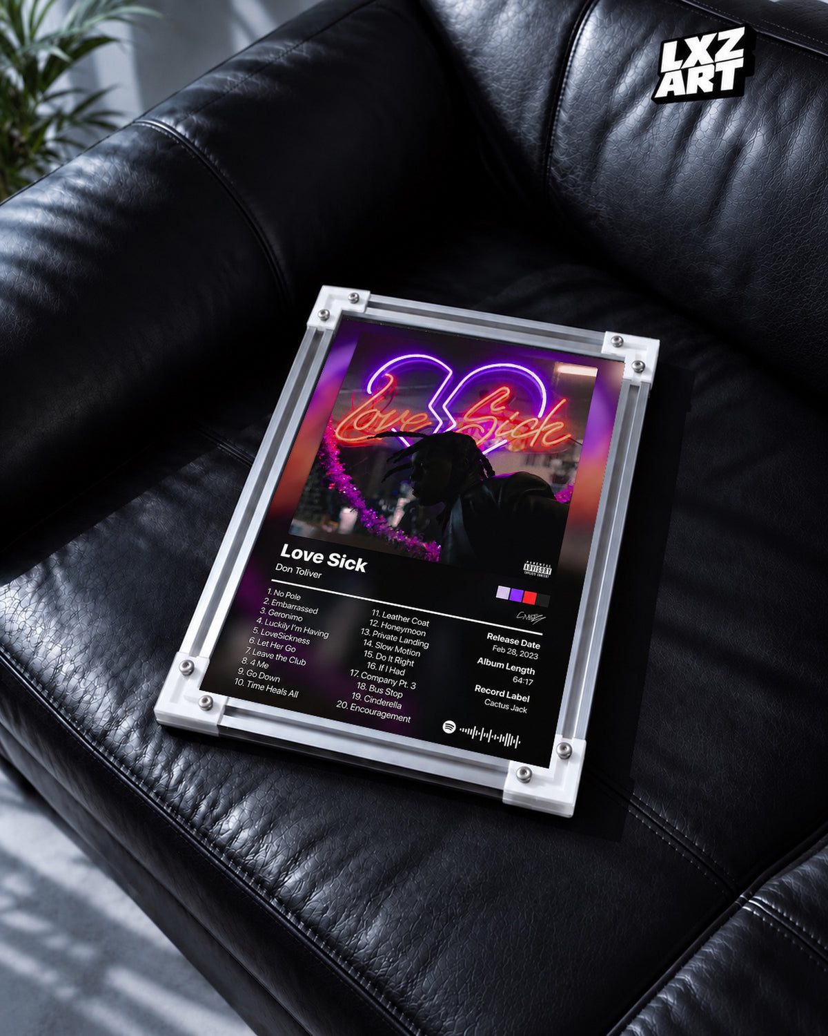 Don Toliver Love Sick Tracklist Poster — black leather sofa; frame for display only
