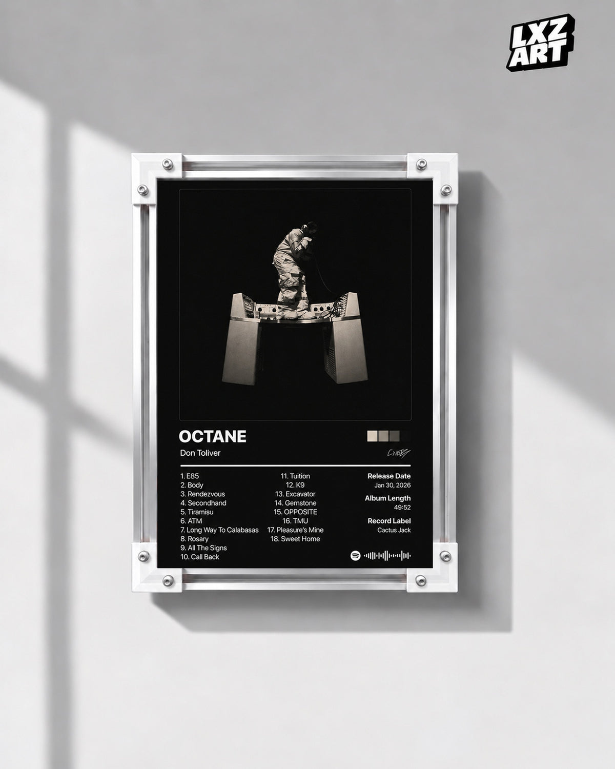 Don Toliver OCTANE Tracklist Poster — gray wall front view; frame for display only