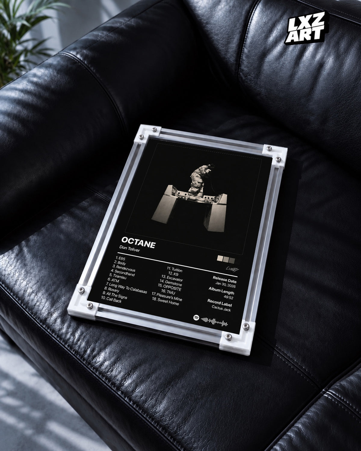 Don Toliver OCTANE Tracklist Poster — black leather sofa; frame for display only