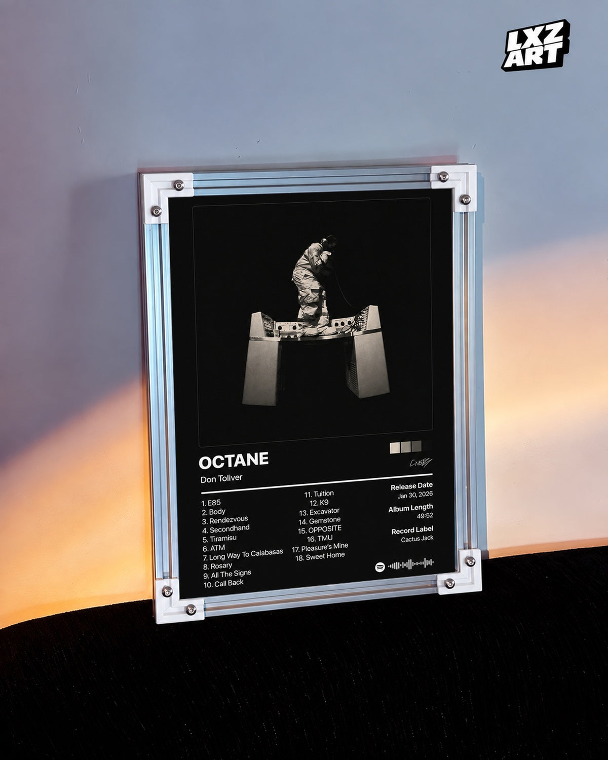 Don Toliver OCTANE Tracklist Poster — warm light wall; frame for display only