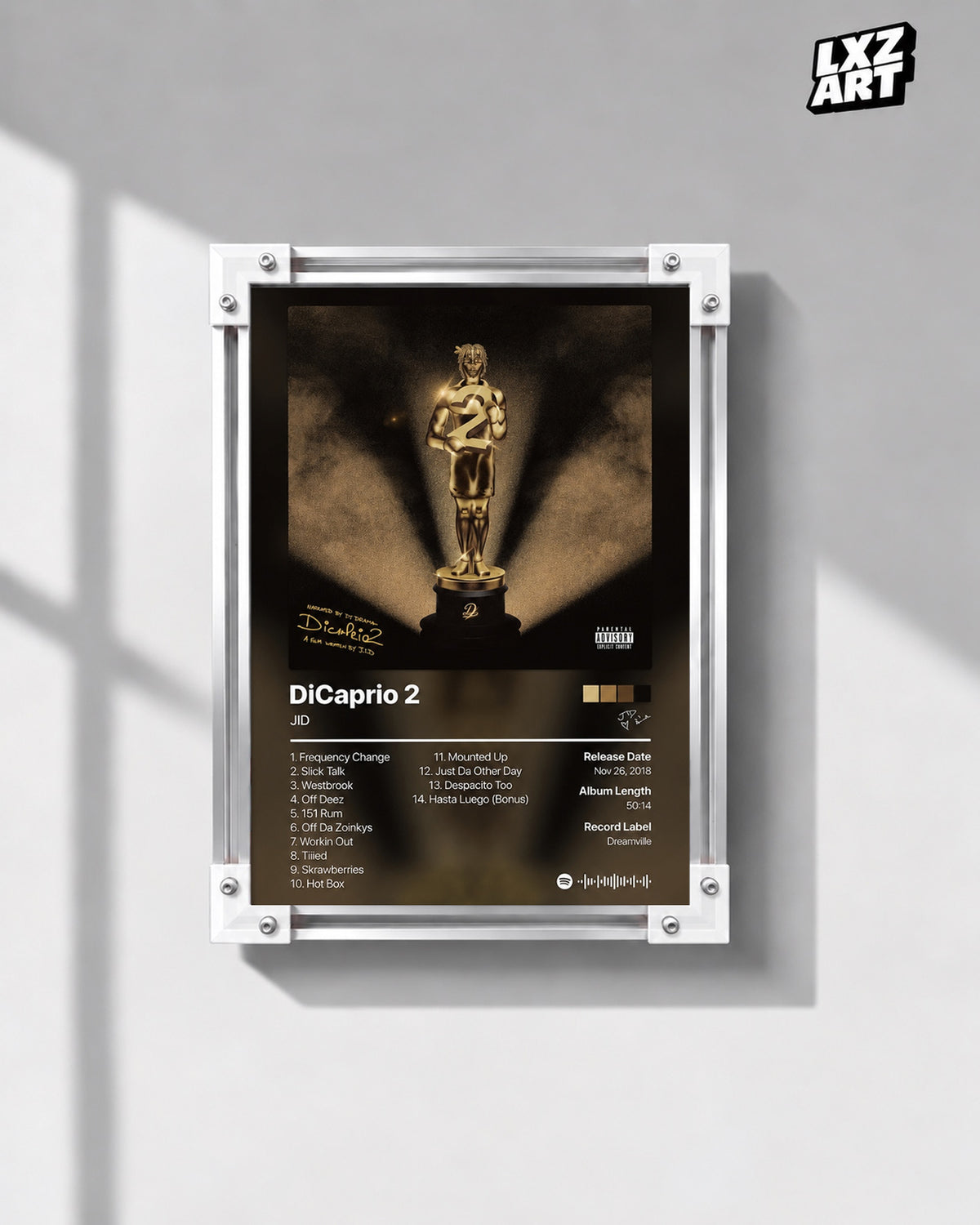 JID DiCaprio 2 Tracklist Poster — gray wall front view; frame for display only