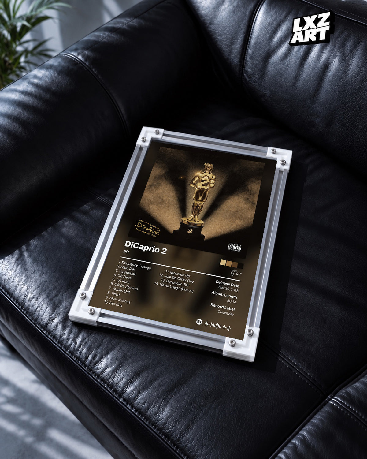 JID DiCaprio 2 Tracklist Poster — black leather sofa; frame for display only
