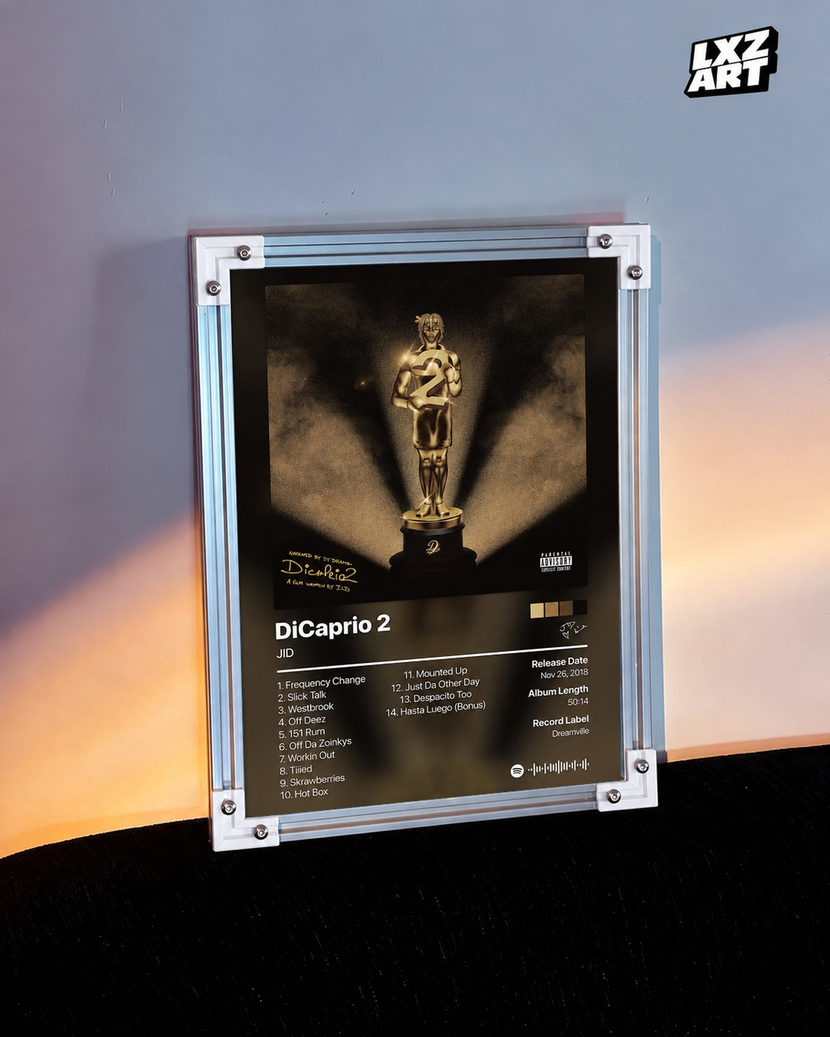 JID DiCaprio 2 Tracklist Poster — warm light wall; frame for display only