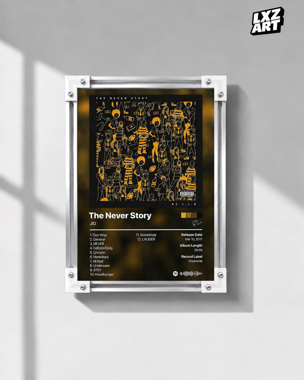 JID The Never Story Tracklist Poster — gray wall front view; frame for display only
