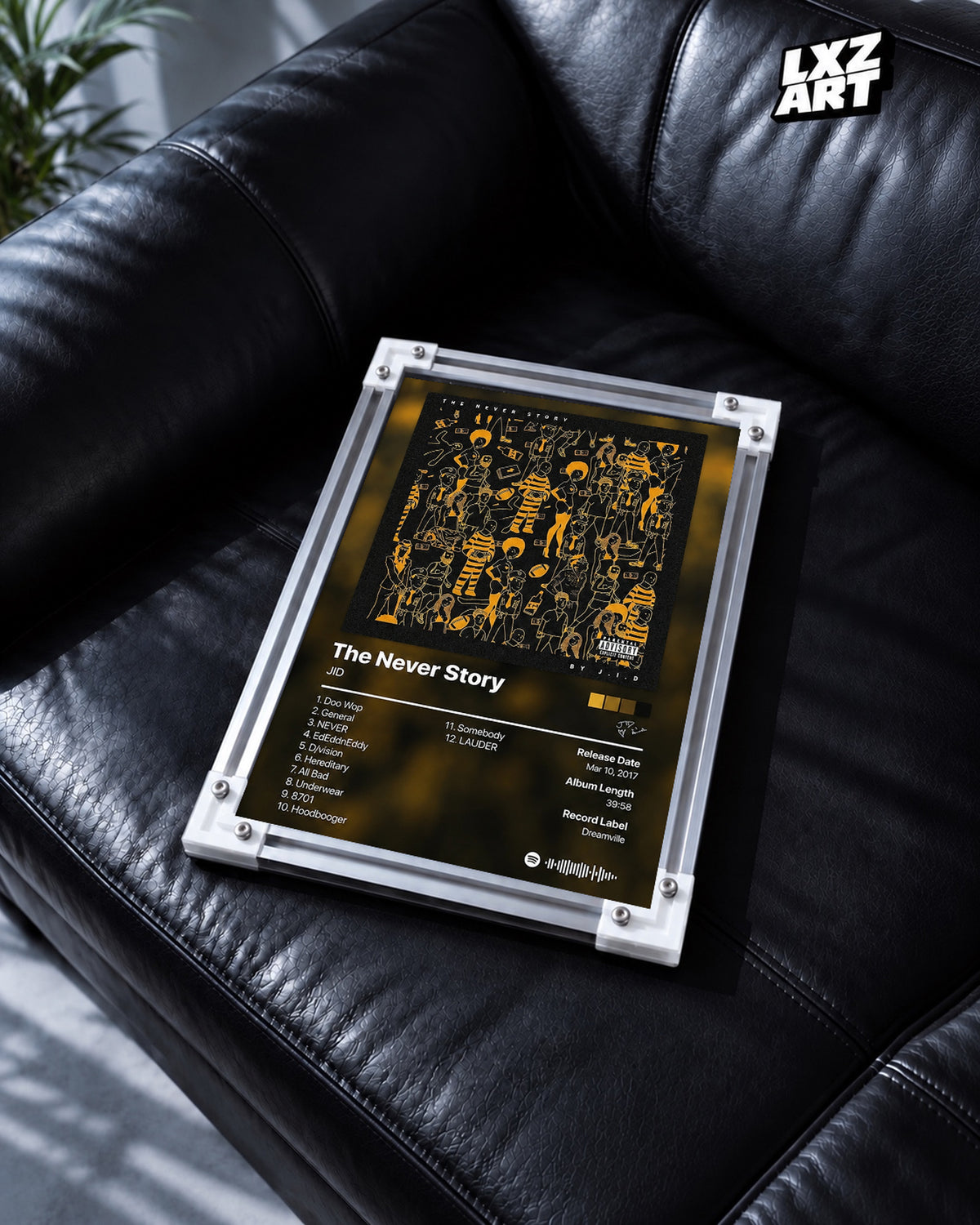 JID The Never Story Tracklist Poster — black leather sofa; frame for display only