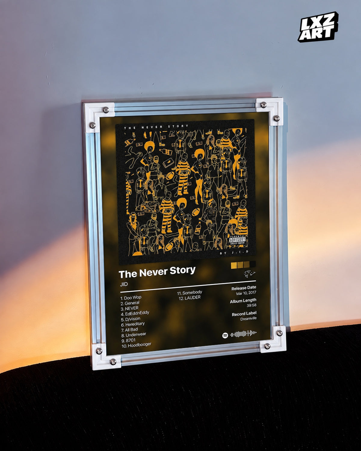 JID The Never Story Tracklist Poster — warm light wall; frame for display only