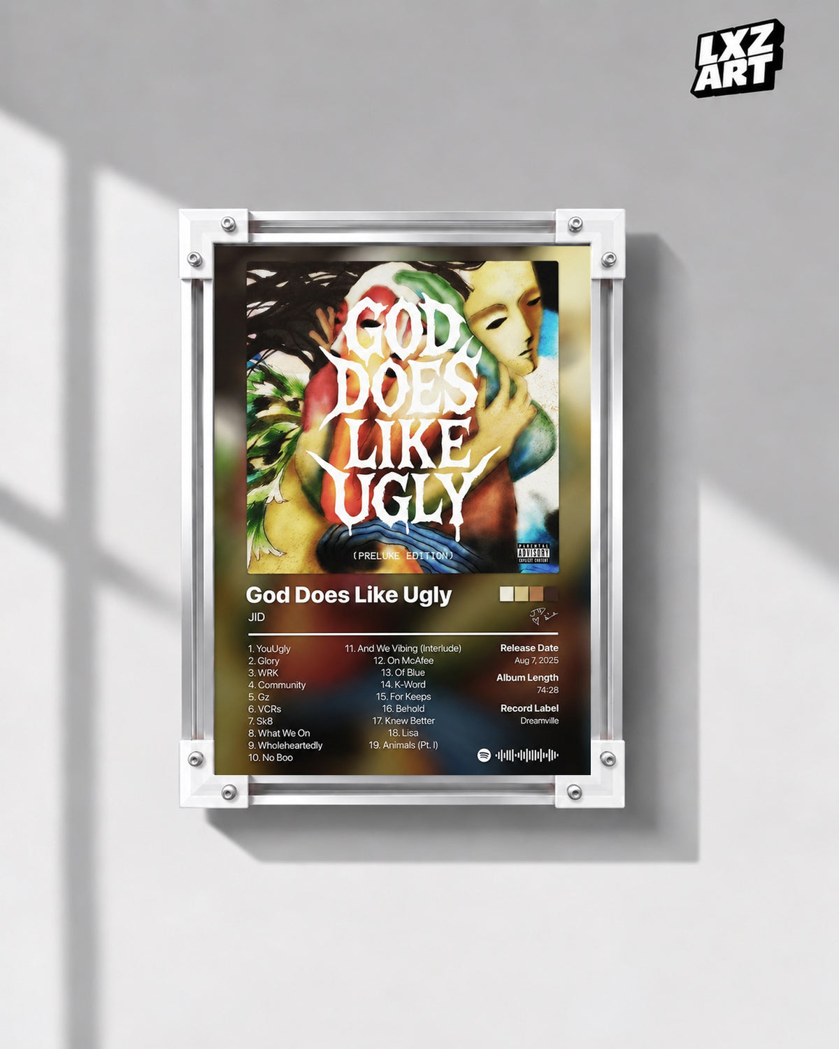 JID God Does Like Ugly Prelude Edition Tracklist Poster — gray wall front view; frame for display only