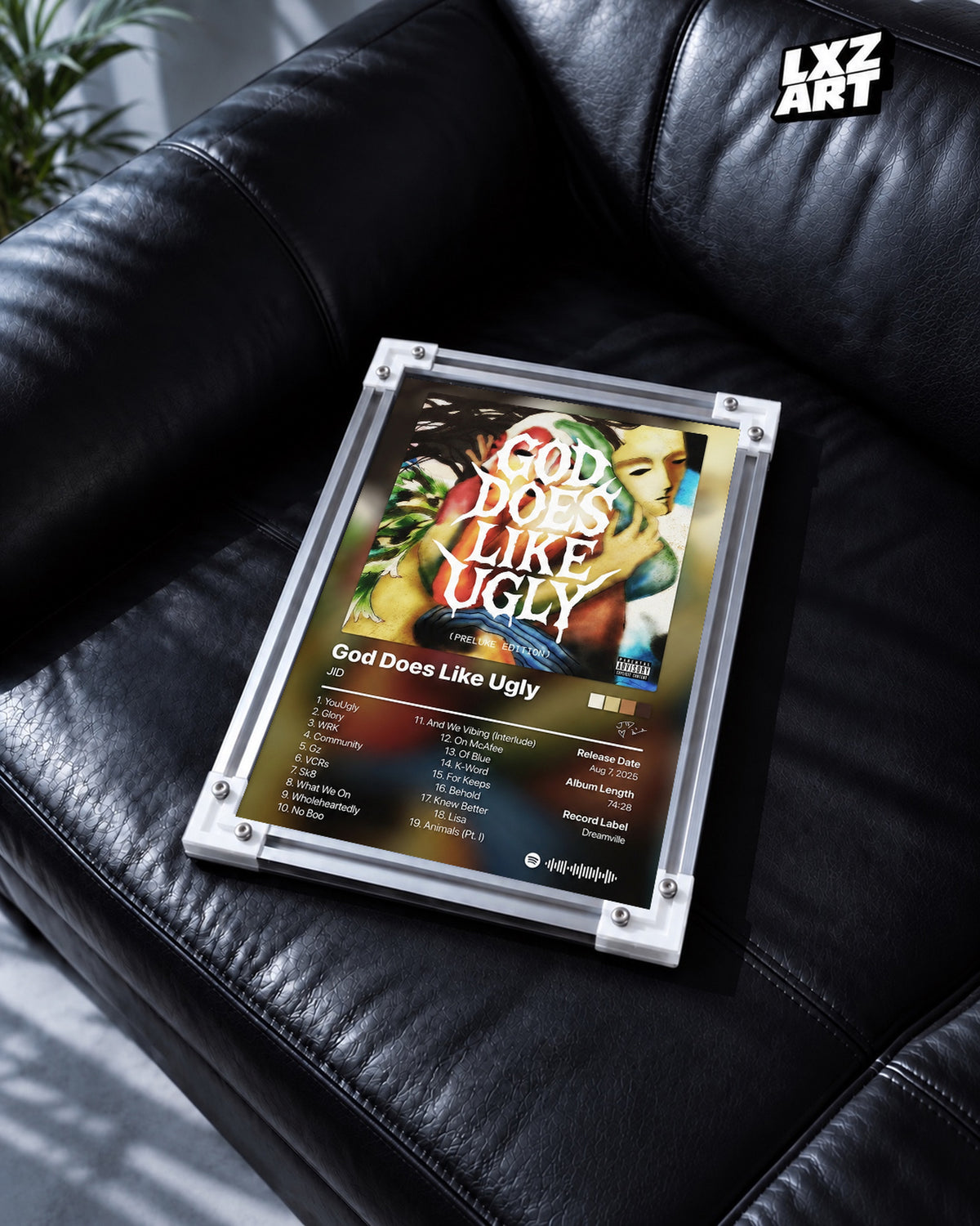 JID God Does Like Ugly Prelude Edition Tracklist Poster — black leather sofa; frame for display only