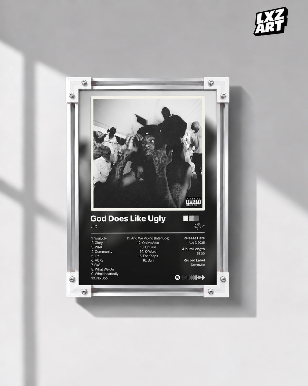 JID God Does Like Ugly Black & White Tracklist Poster — gray wall front view; frame for display only