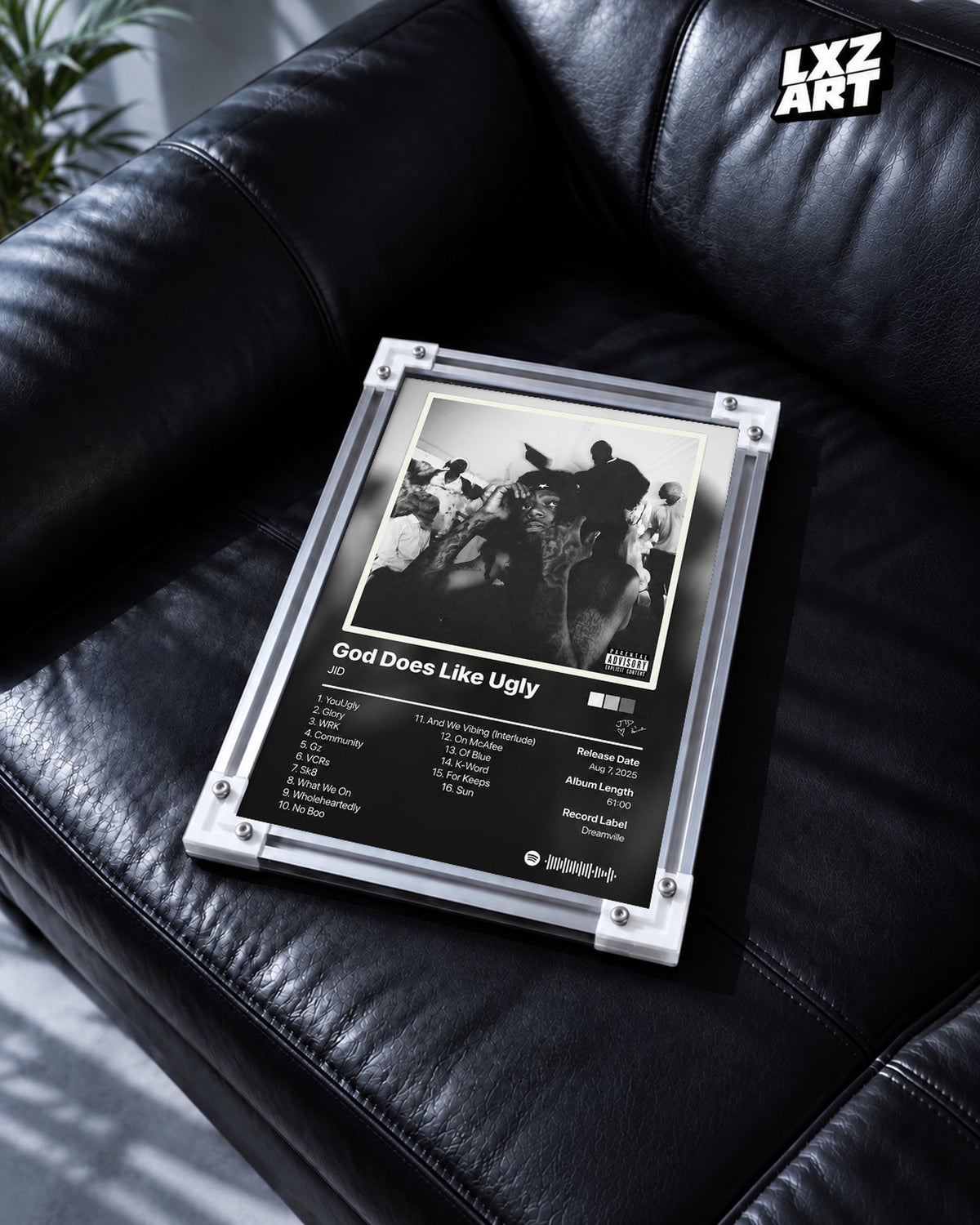 JID God Does Like Ugly Black & White Tracklist Poster — black leather sofa; frame for display only