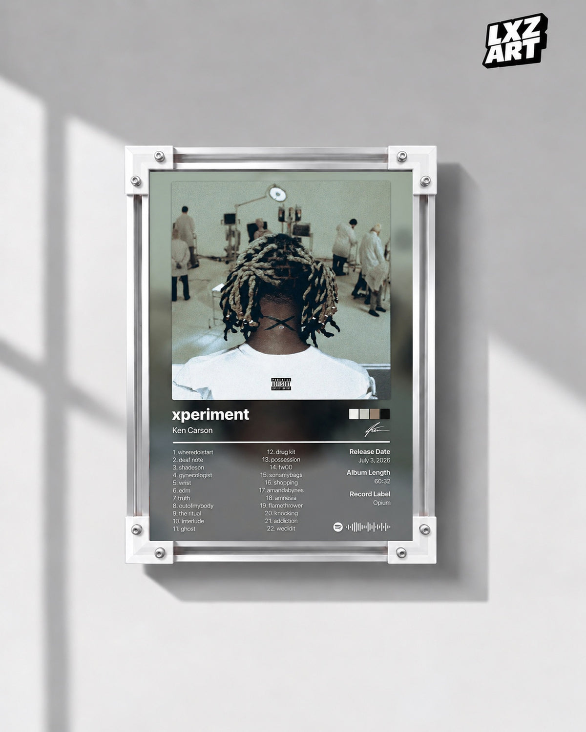 Ken Carson xperiment Tracklist Poster — gray wall front view; frame for display only