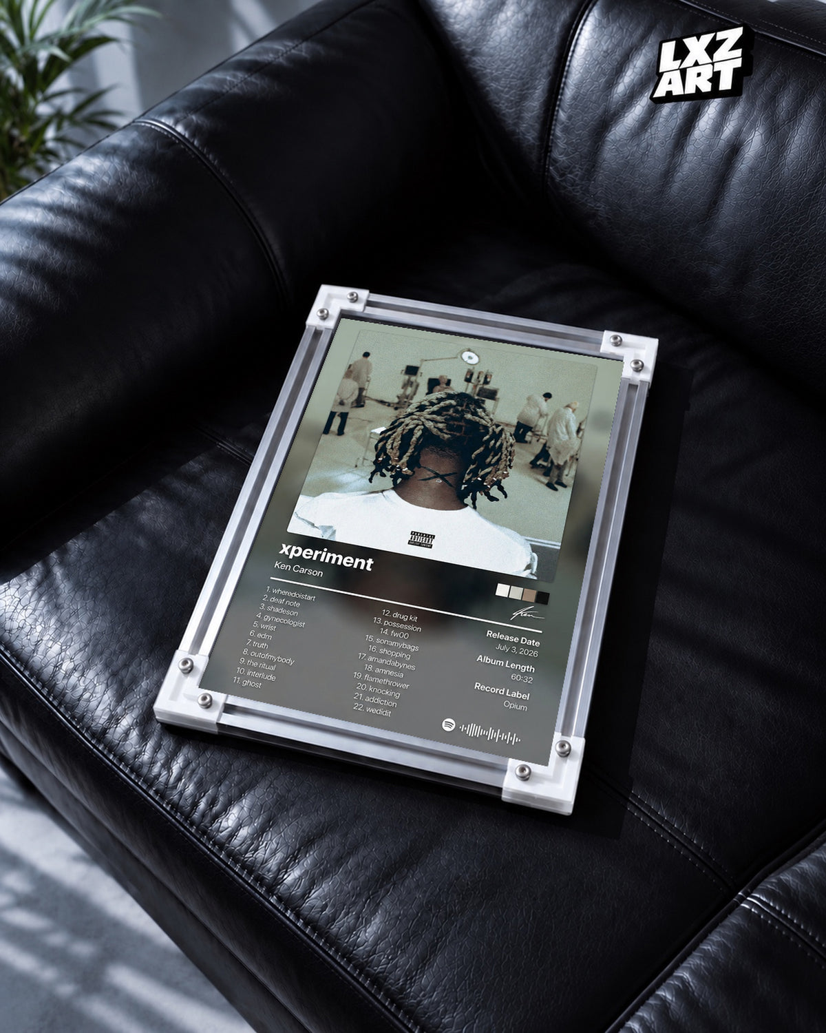 Ken Carson xperiment Tracklist Poster — black leather sofa; frame for display only