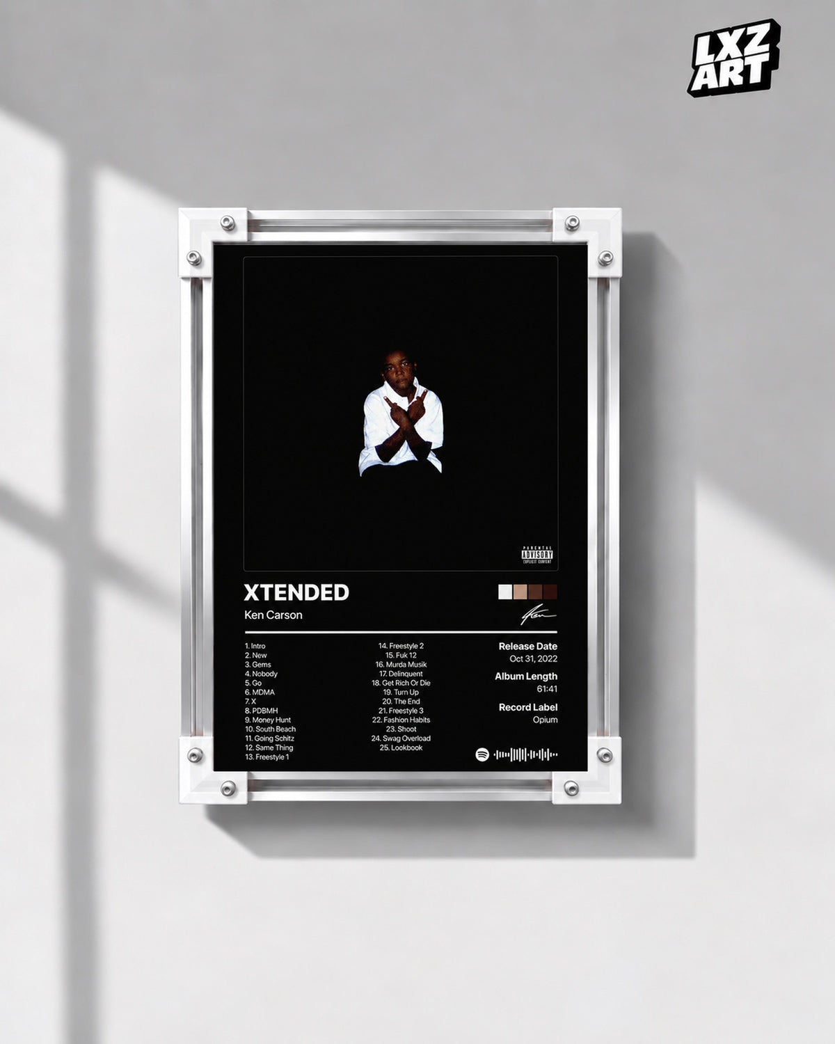 Ken Carson XTENDED Tracklist Poster — gray wall front view; frame for display only