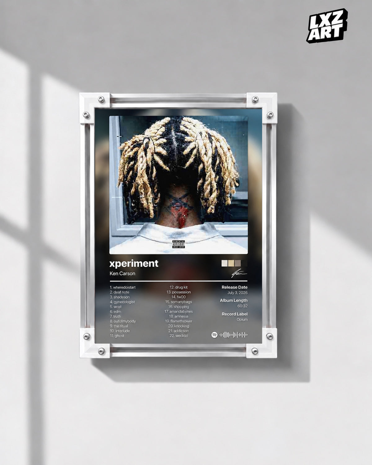 Ken Carson xperiment Portrait Tracklist Poster — gray wall front view; frame for display only