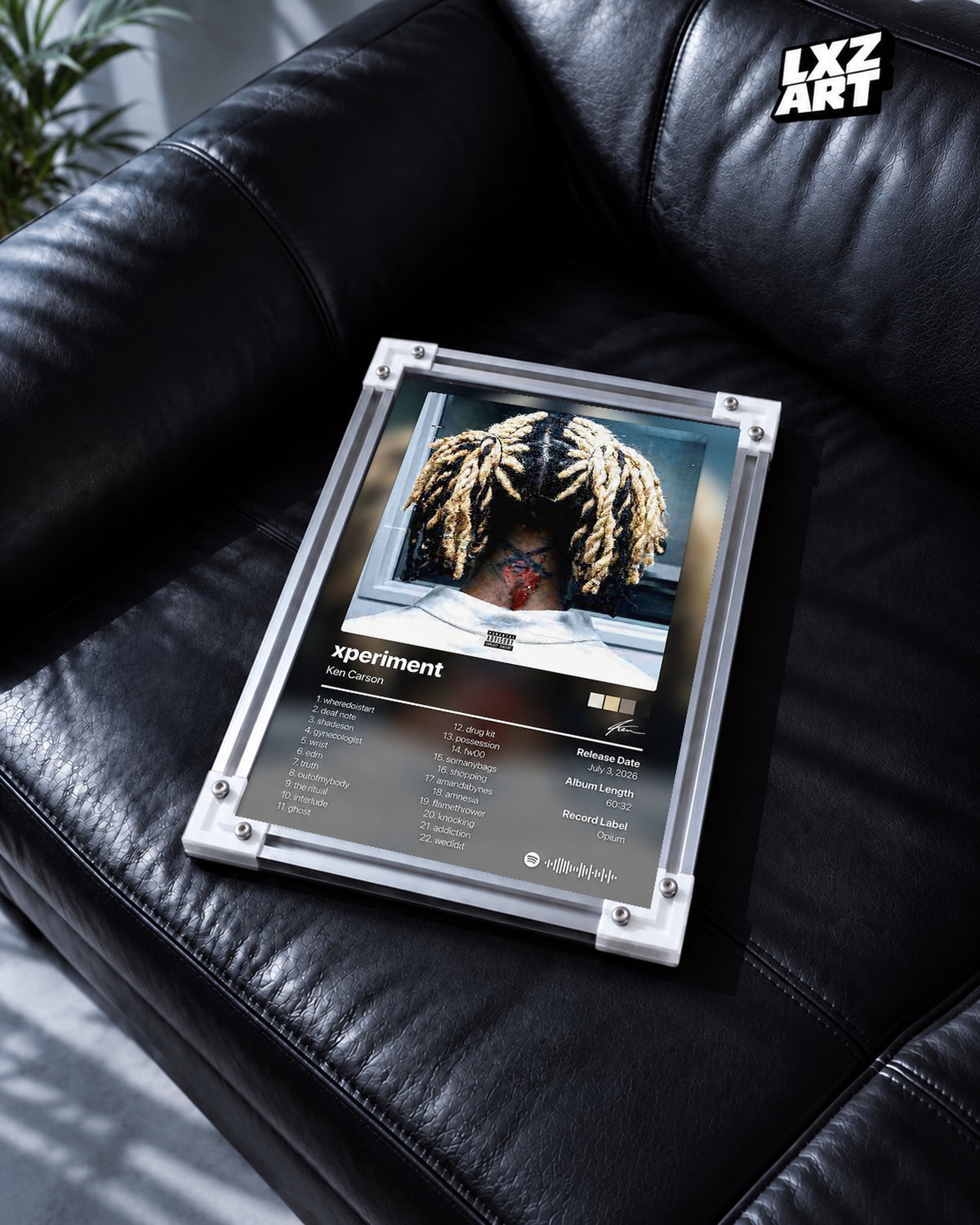 Ken Carson xperiment Portrait Tracklist Poster — black leather sofa; frame for display only