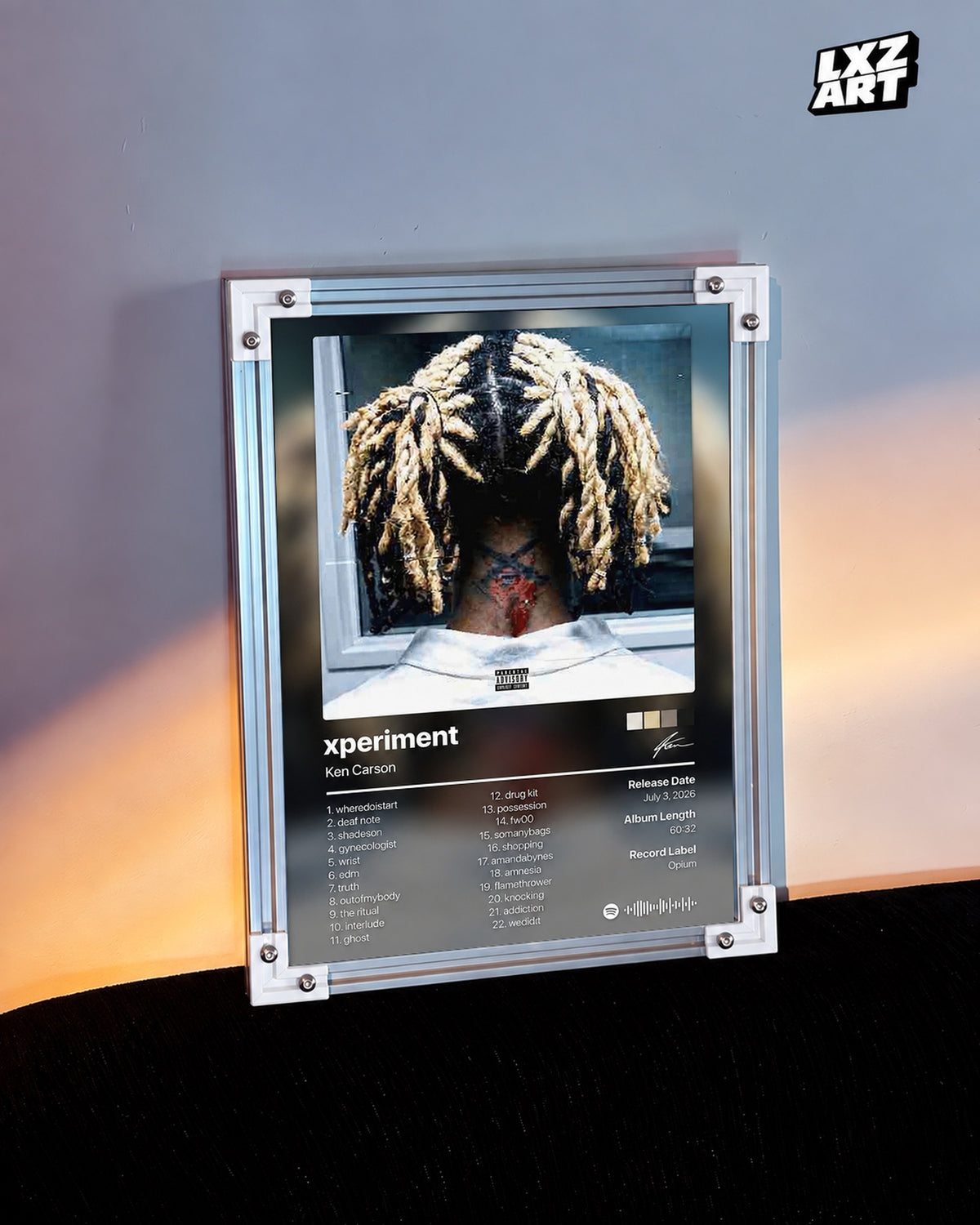 Ken Carson xperiment Portrait Tracklist Poster — warm light wall; frame for display only