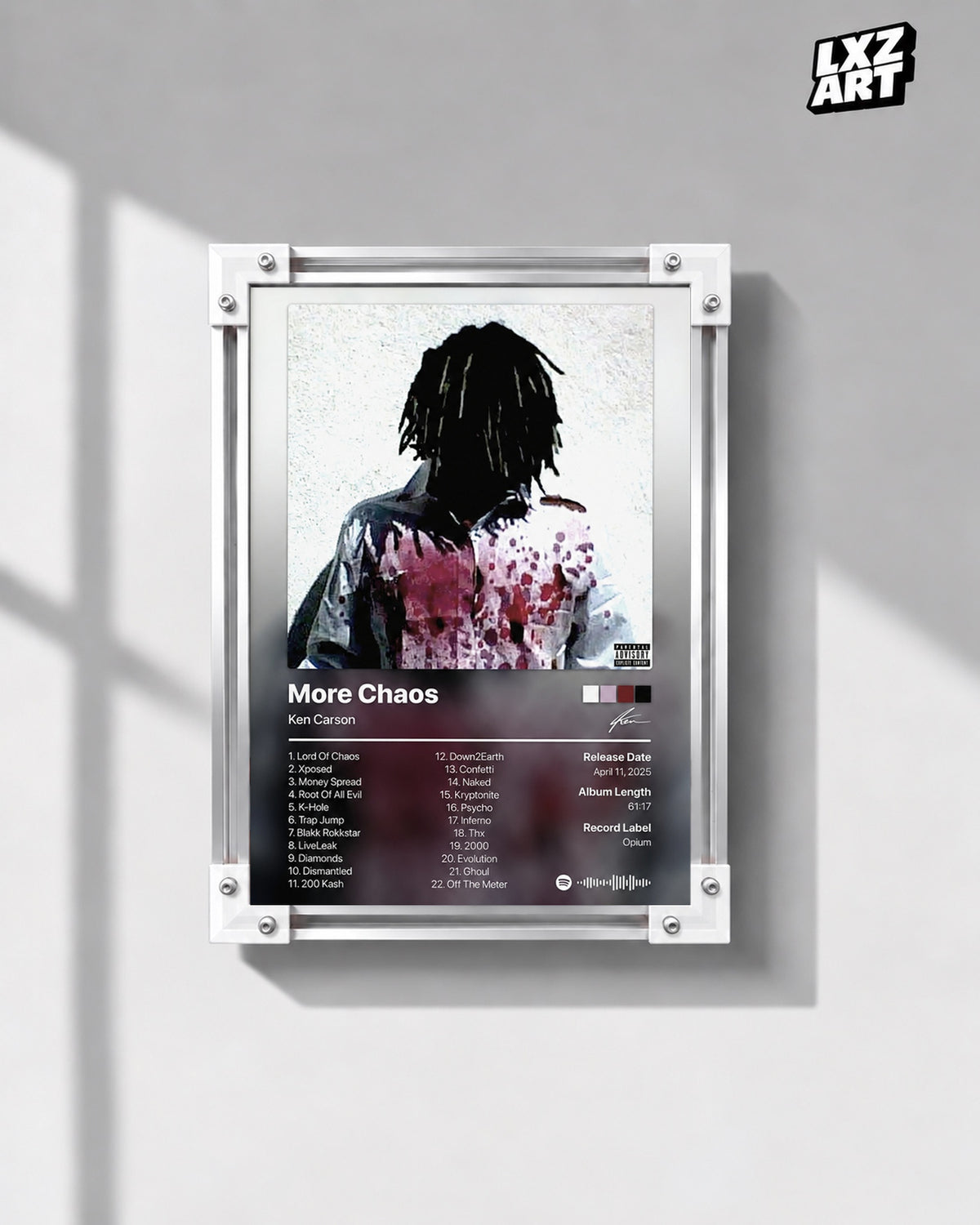 Ken Carson More Chaos Tracklist Poster — gray wall front view; frame for display only