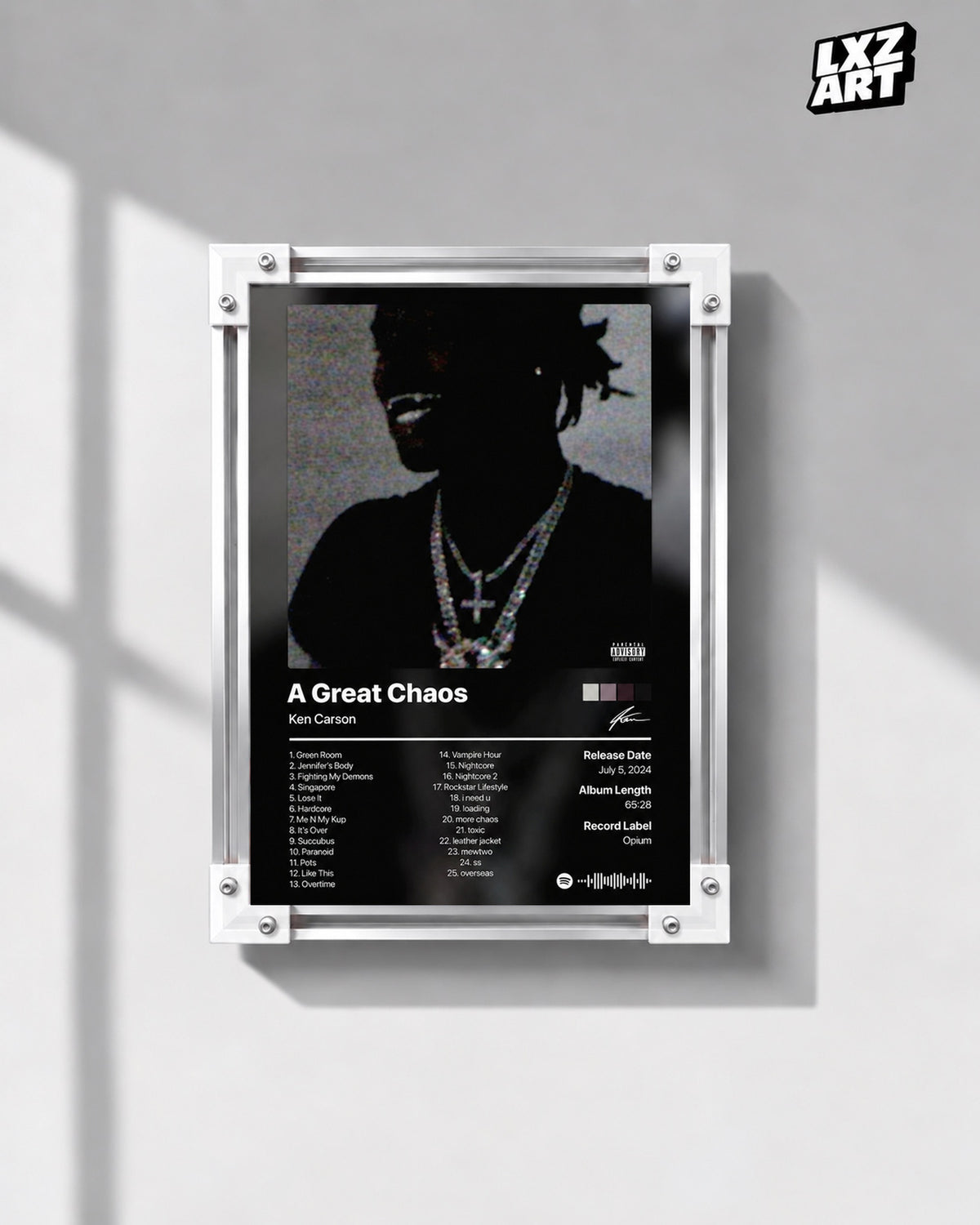 Ken Carson A Great Chaos Tracklist Poster — gray wall front view; frame for display only