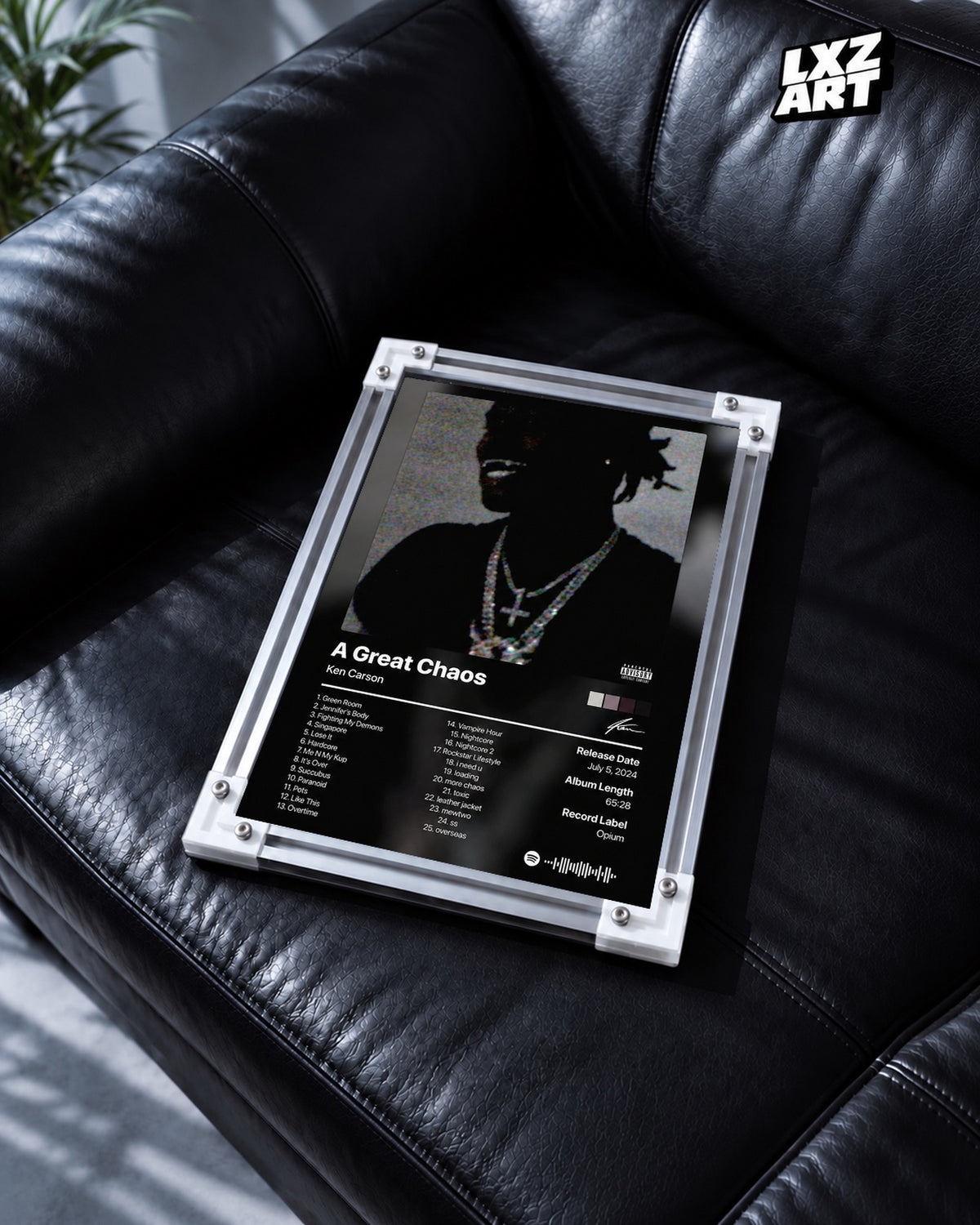 Ken Carson A Great Chaos Tracklist Poster — black leather sofa; frame for display only
