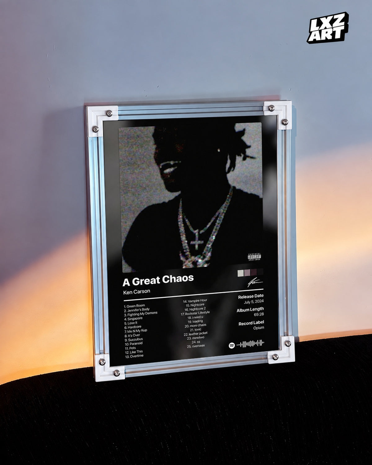 Ken Carson A Great Chaos Tracklist Poster — warm light wall; frame for display only
