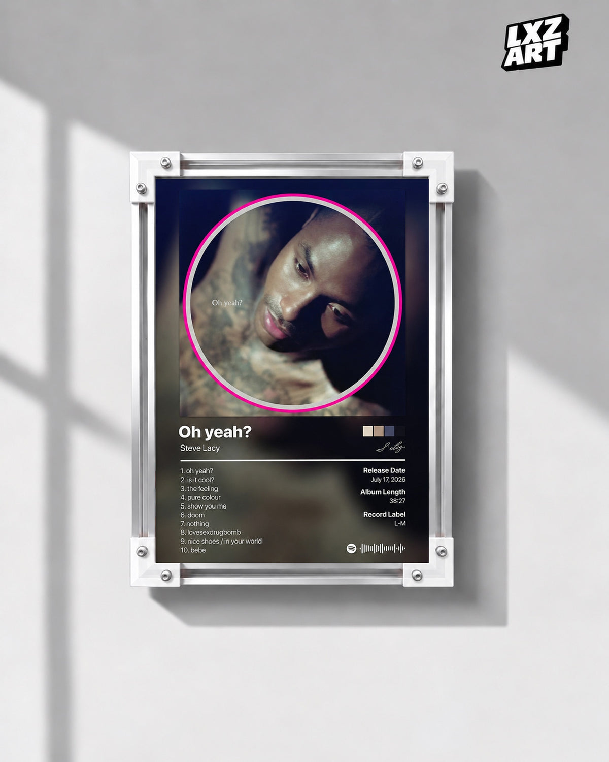 Steve Lacy Oh Yeah? Tracklist Poster — gray wall front view; frame for display only