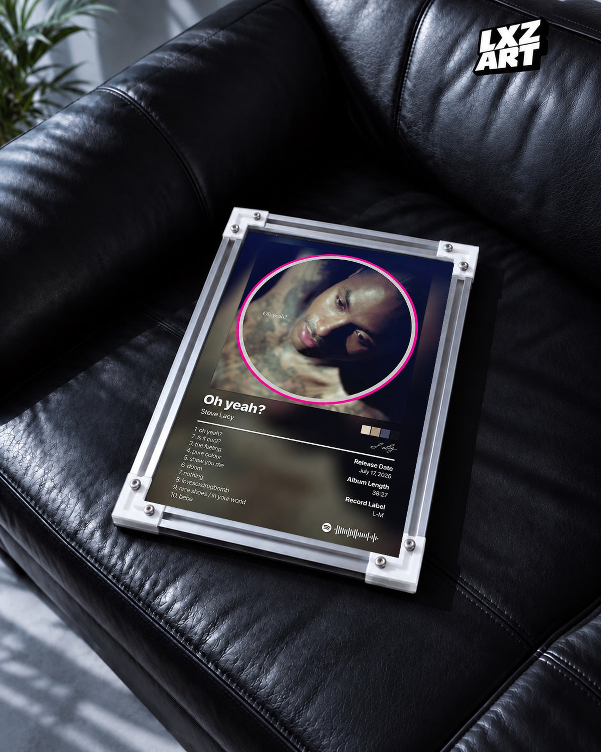 Steve Lacy Oh Yeah? Tracklist Poster — black leather sofa; frame for display only