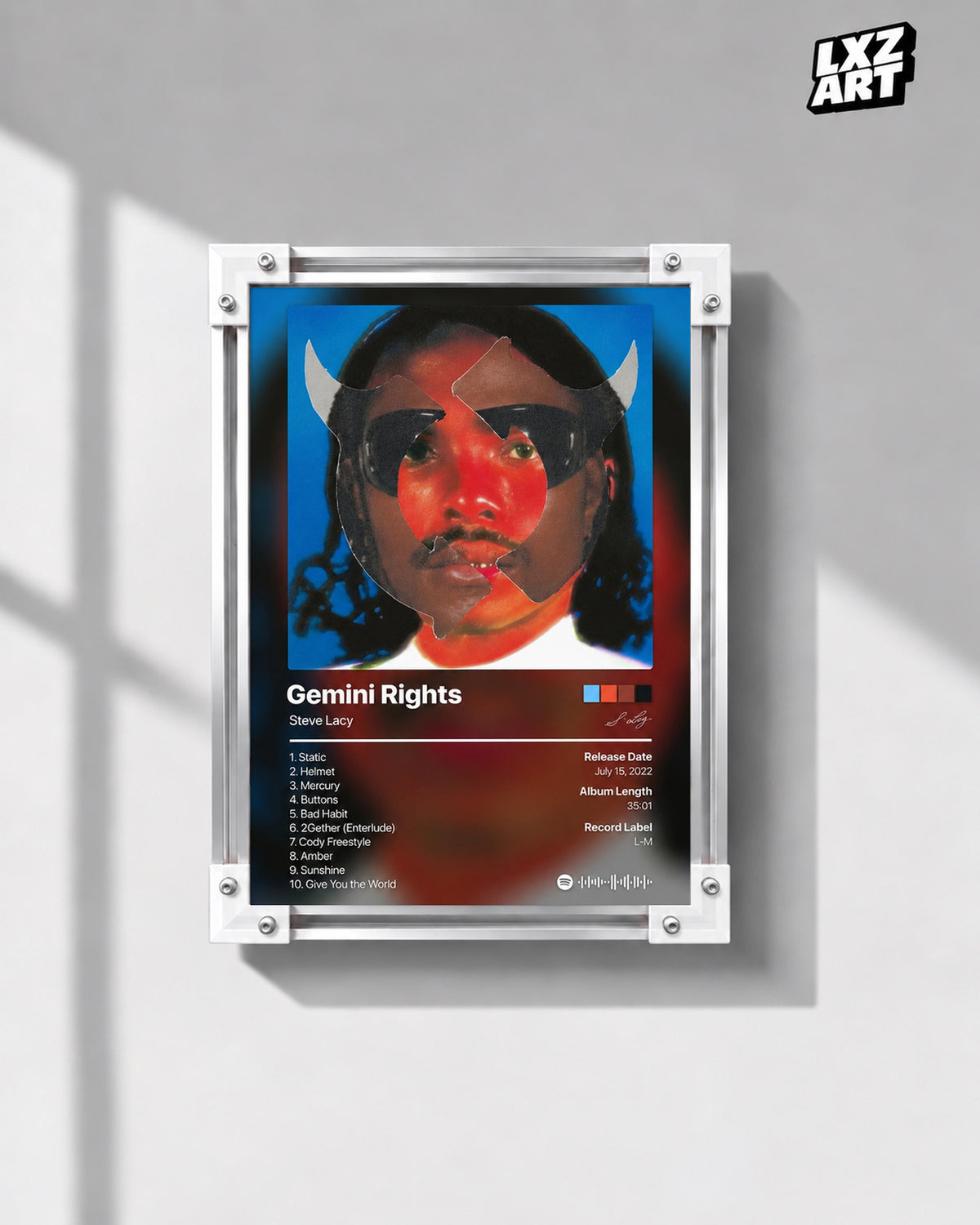 Steve Lacy Gemini Rights Tracklist Poster — gray wall front view; frame for display only