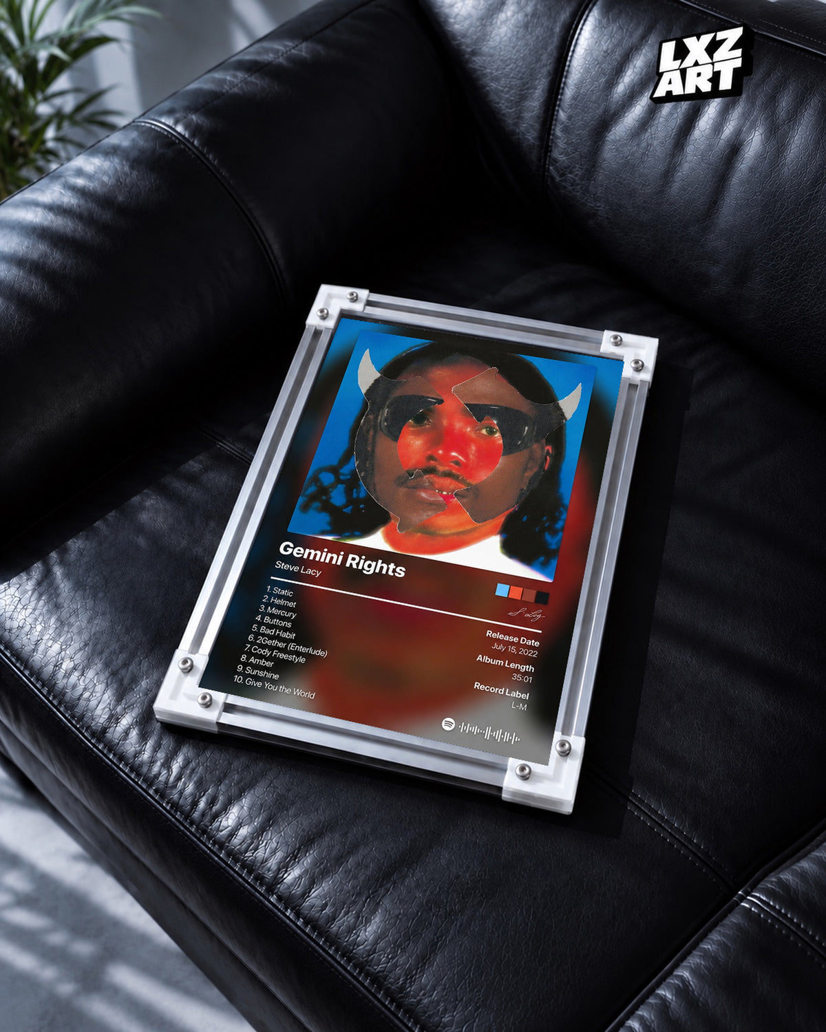 Steve Lacy Gemini Rights Tracklist Poster — black leather sofa; frame for display only
