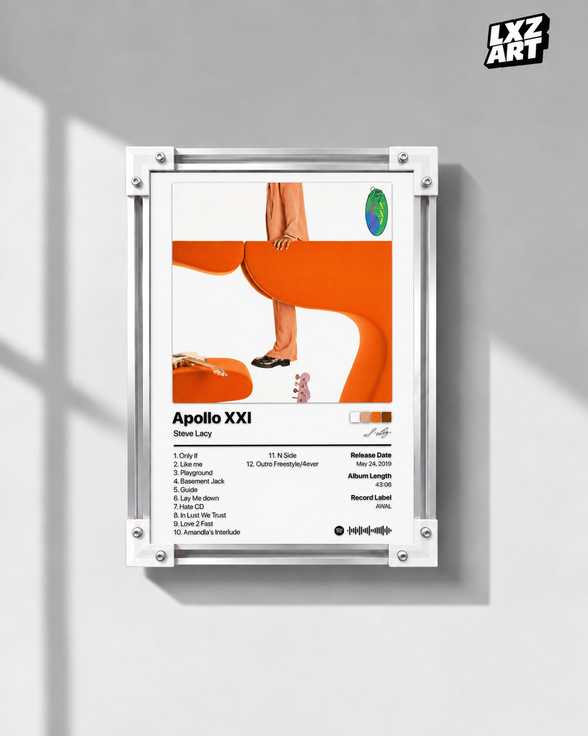 Steve Lacy Apollo XXI Tracklist Poster — gray wall front view; frame for display only