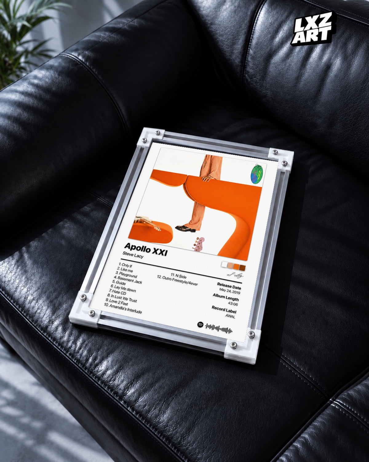 Steve Lacy Apollo XXI Tracklist Poster — black leather sofa; frame for display only