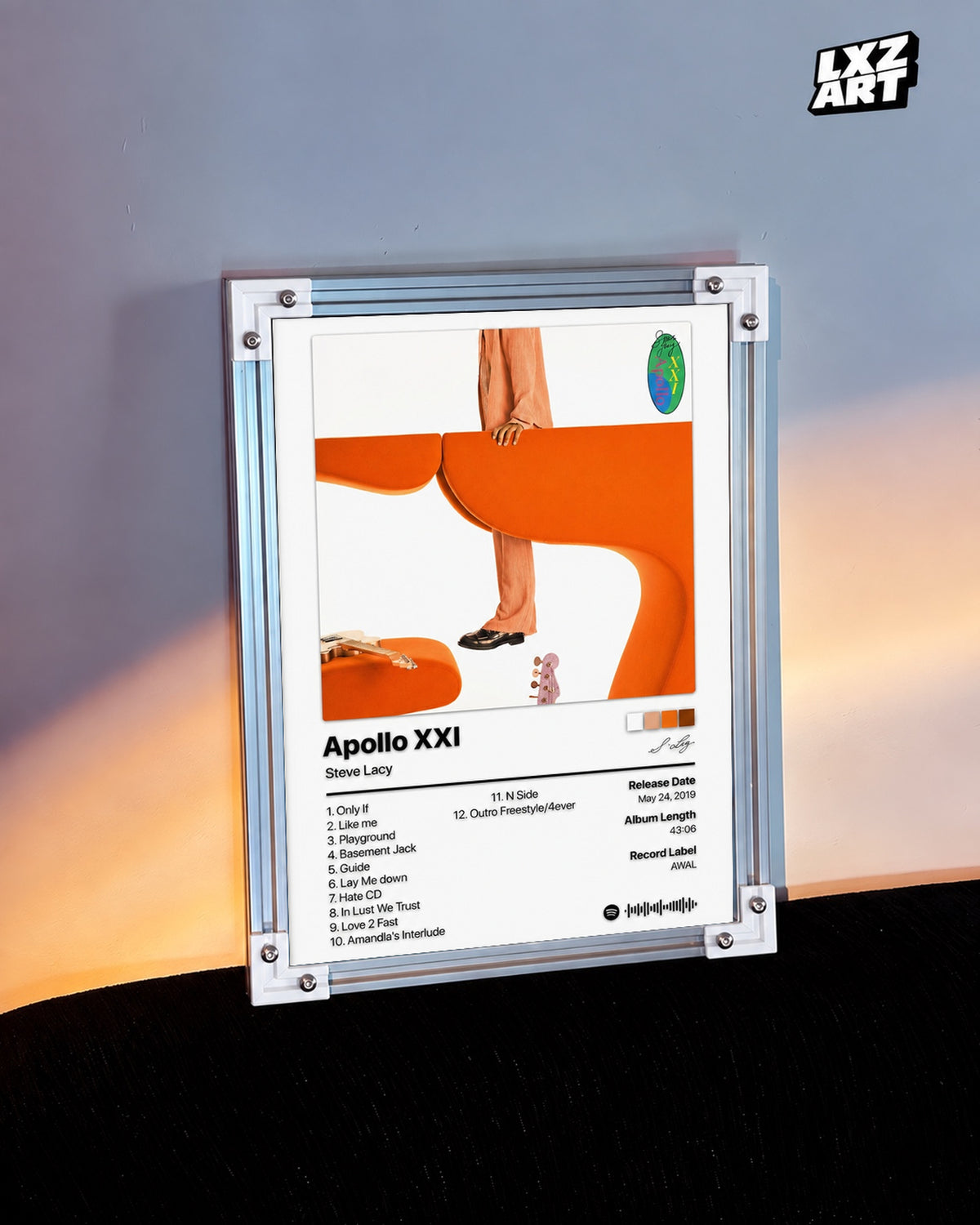 Steve Lacy Apollo XXI Tracklist Poster — warm light wall; frame for display only