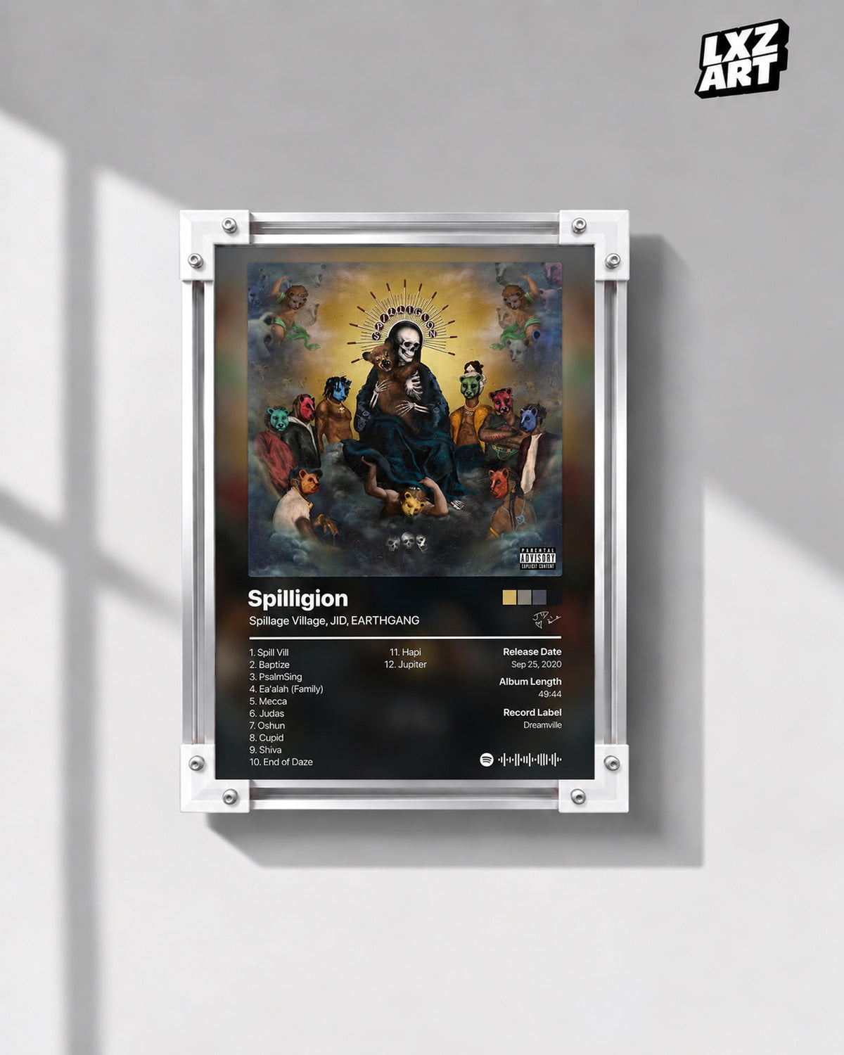 Spillage Village JID EARTHGANG Spilligion Tracklist Poster — gray wall front view; frame for display only