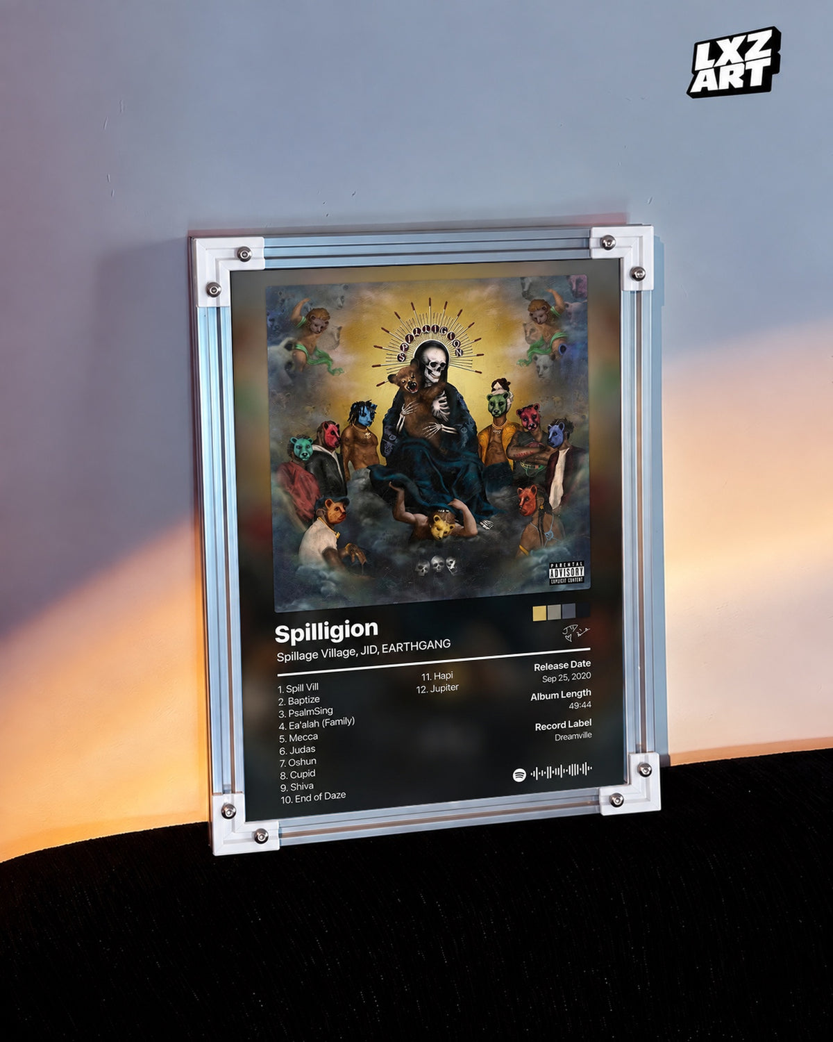 Spillage Village JID EARTHGANG Spilligion Tracklist Poster — warm light wall; frame for display only