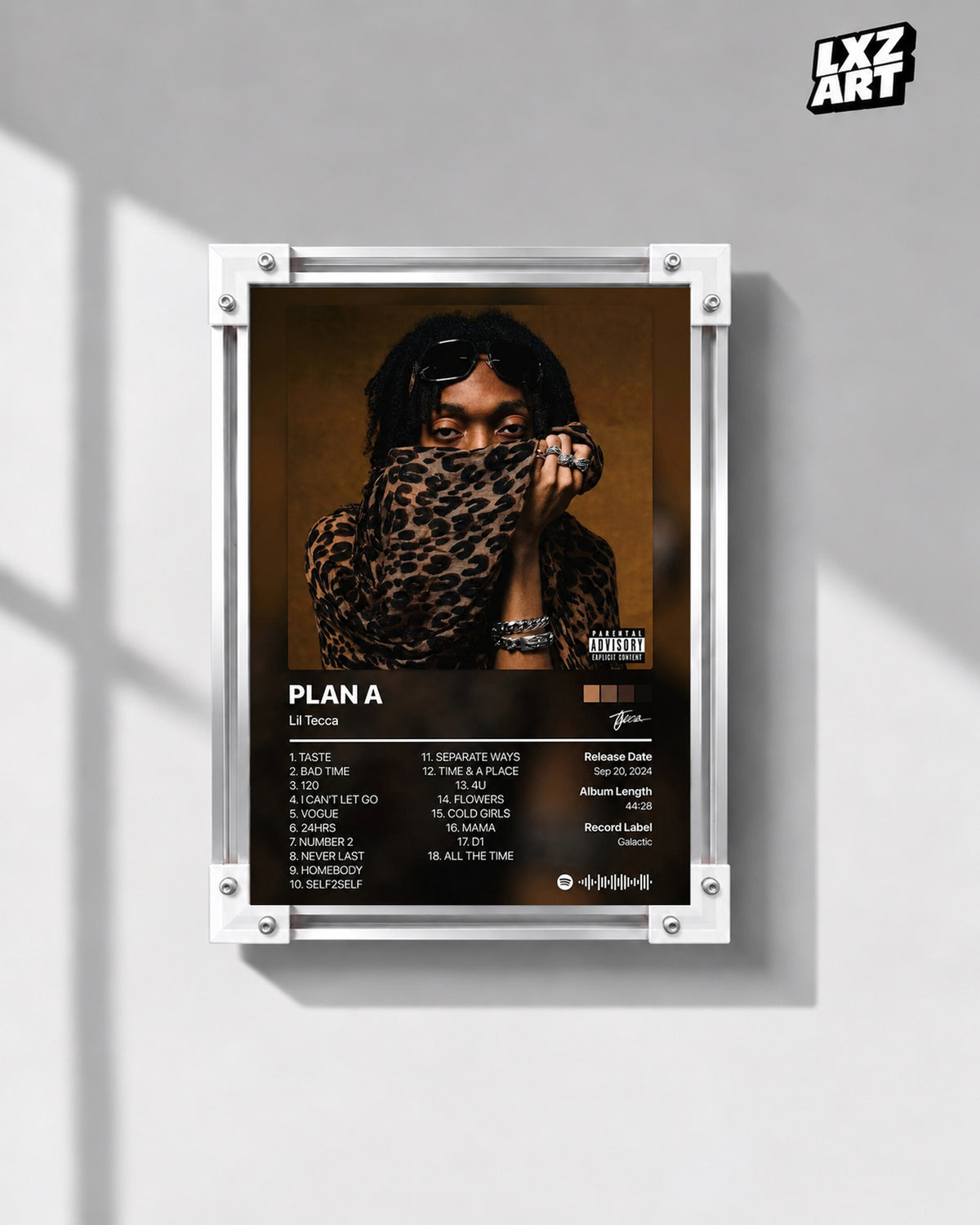 Lil Tecca PLAN A Tracklist Poster — gray wall front view; frame for display only