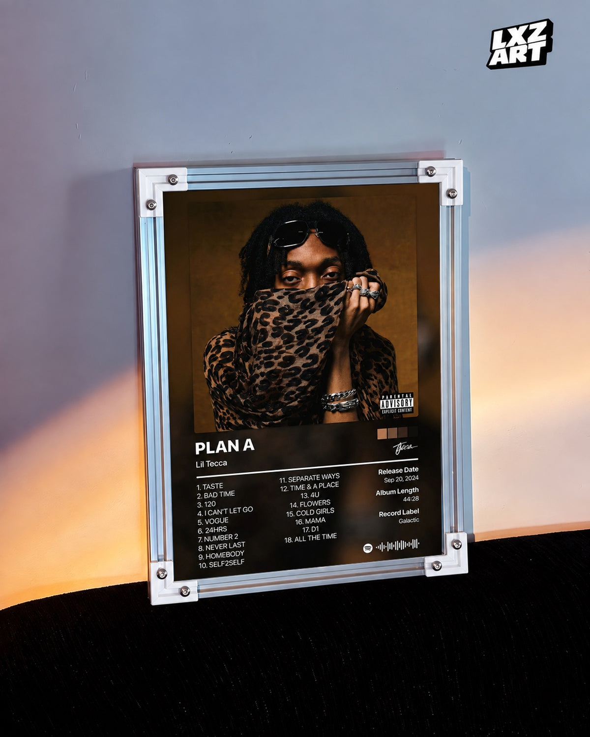 Lil Tecca PLAN A Tracklist Poster — warm light wall; frame for display only